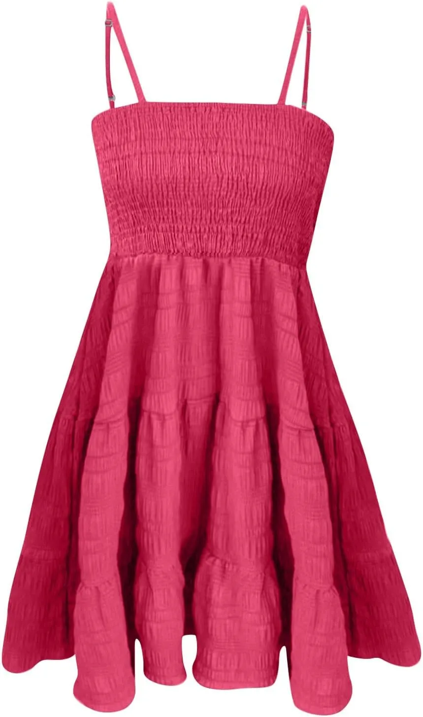 TWGONE Summer Dresses for Teens Spaghetti Strap Cute Short Mini Sundress Women Sleeveless Smock Cami Dress Date Night Outfit
