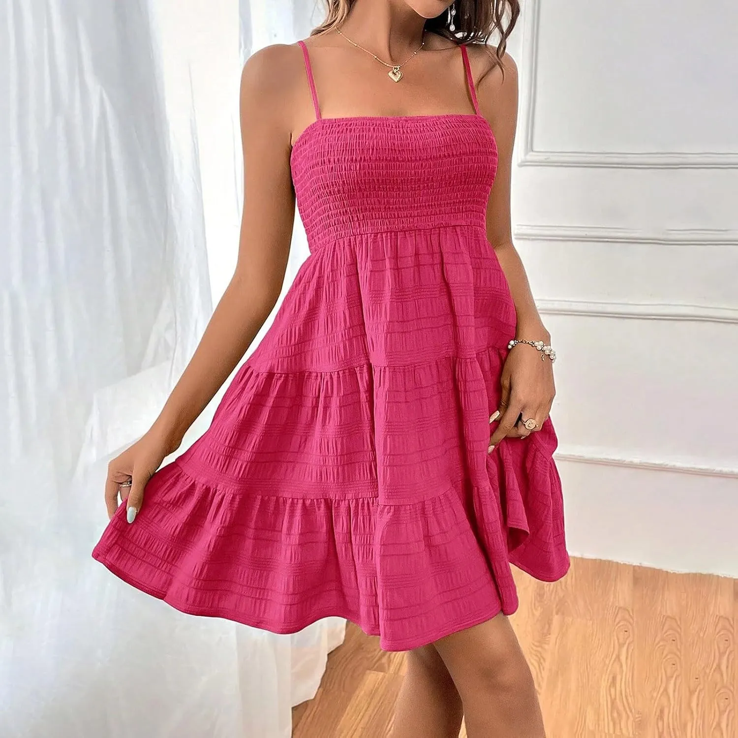 TWGONE Summer Dresses for Teens Spaghetti Strap Cute Short Mini Sundress Women Sleeveless Smock Cami Dress Date Night Outfit
