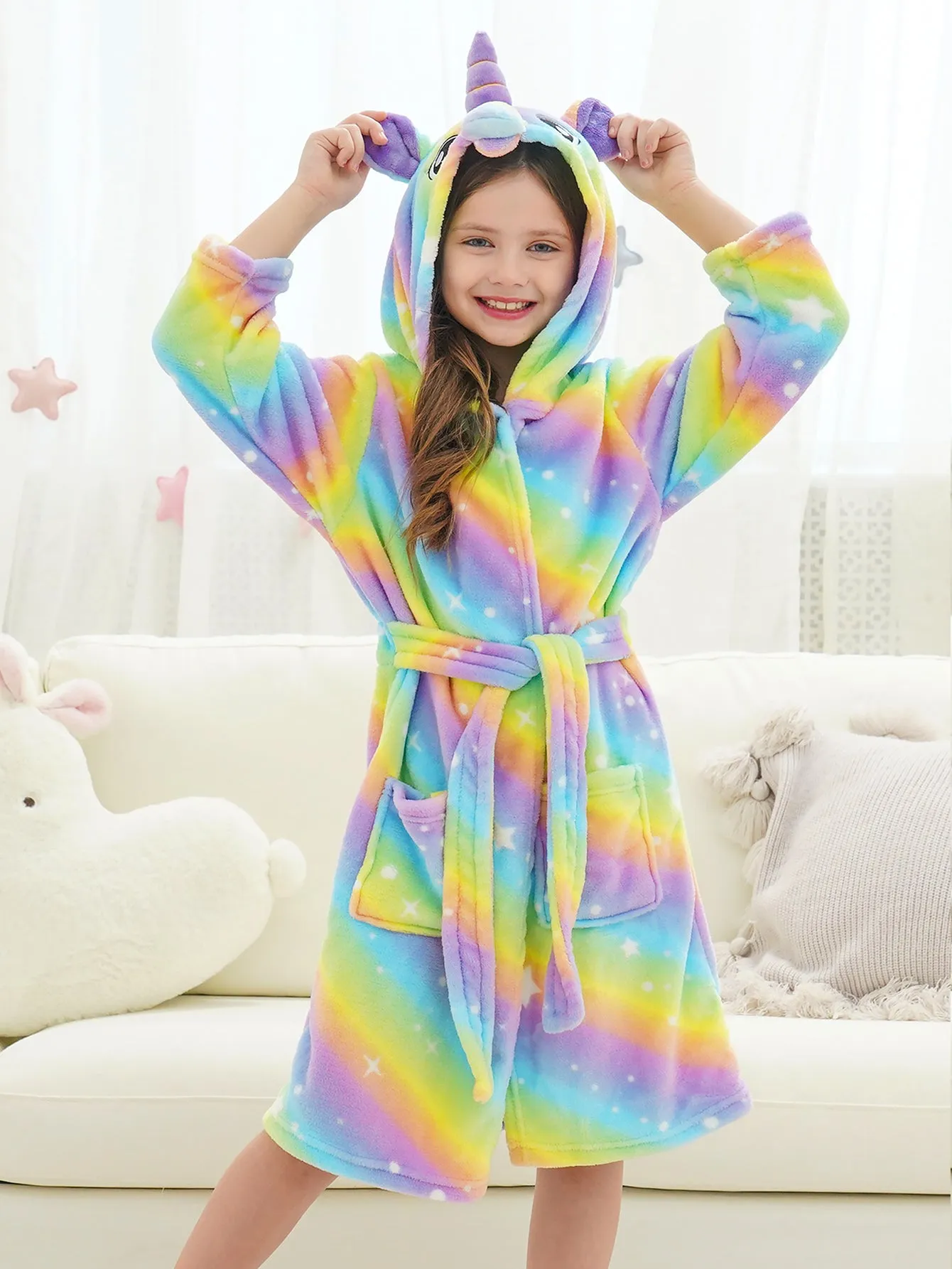 Unicorn Girls Robes Pajamas Bright Rainbow Soft Hooded Bathrobe Sleepwear Matching Slippers For Girls - Doctor Unicorn