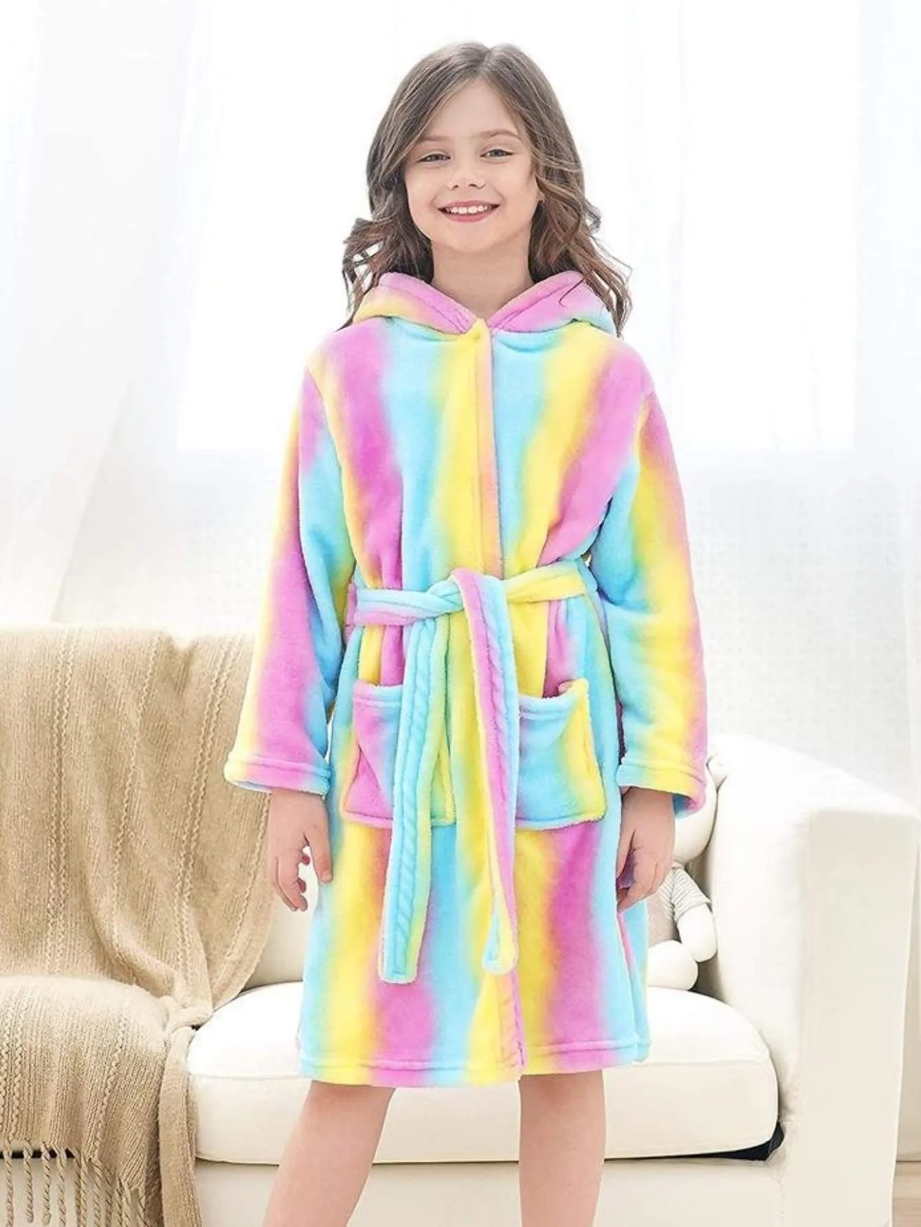 Unicorn Girls Robes Pajamas Bright Rainbow Soft Hooded Rainbow Bathrobe Sleepwear for Girls - Doctor Unicorn
