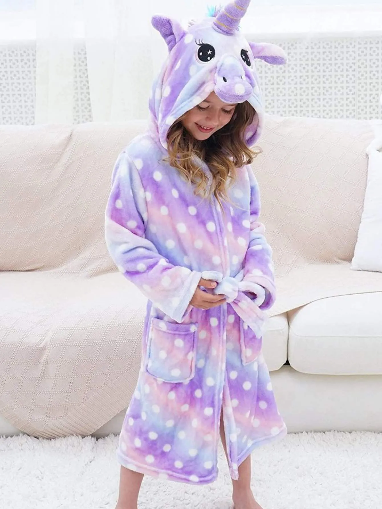 Unicorn Girls Robes Pajamas Light Purple Soft Hooded Bathrobe Sleepwear For Girls- Doctor Unicorn