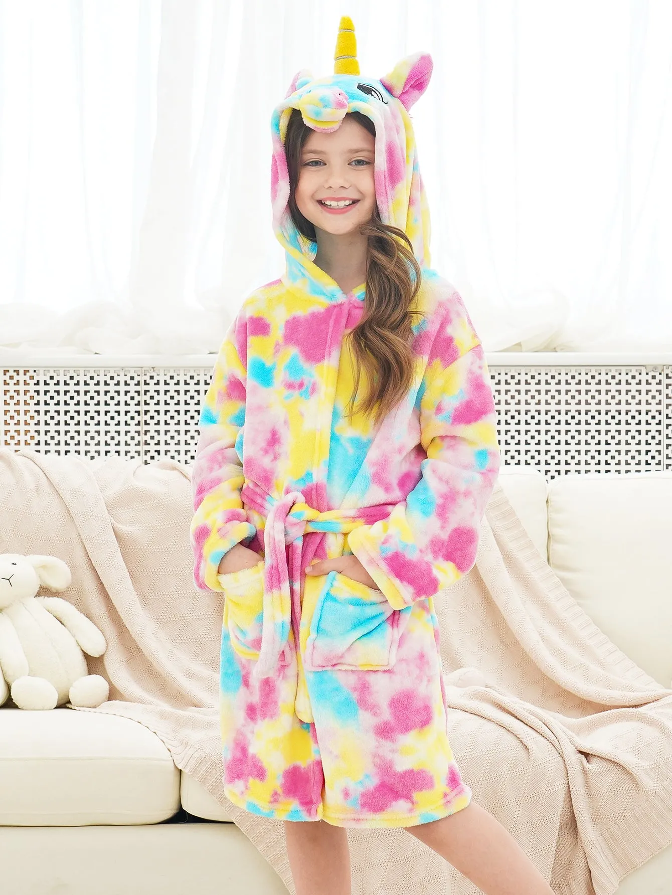 Unicorn Girls Robes Pajamas Pink & Yellow Soft Hooded Bathrobe Sleepwear For Girls - Doctor Unicorn