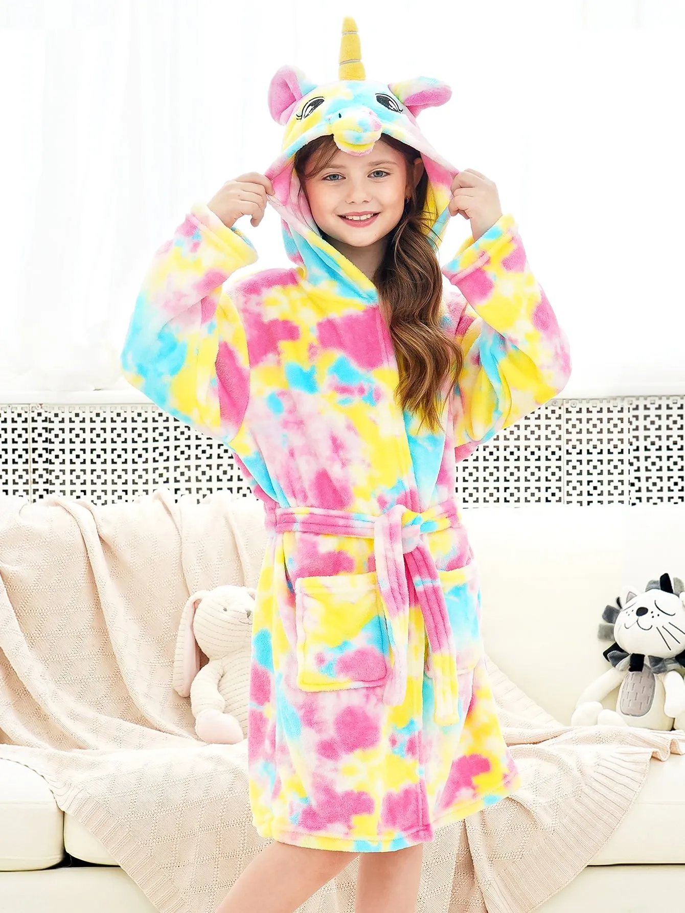 Unicorn Girls Robes Pajamas Pink & Yellow Soft Hooded Bathrobe Sleepwear For Girls - Doctor Unicorn