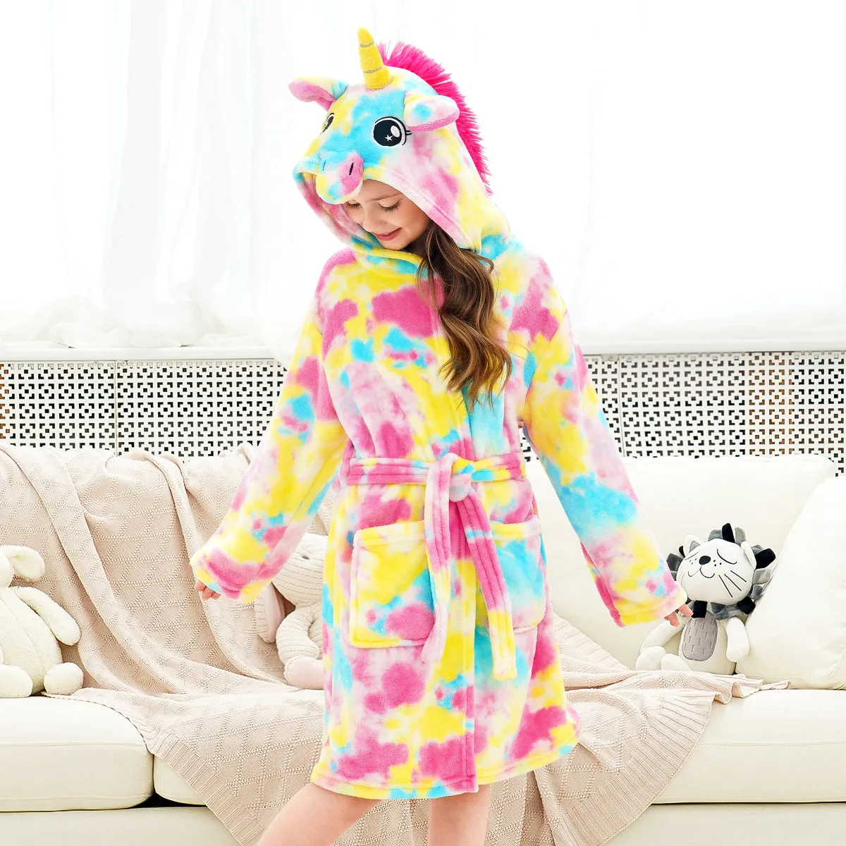 Unicorn Girls Robes Pajamas Pink & Yellow Soft Hooded Bathrobe Sleepwear For Girls - Doctor Unicorn