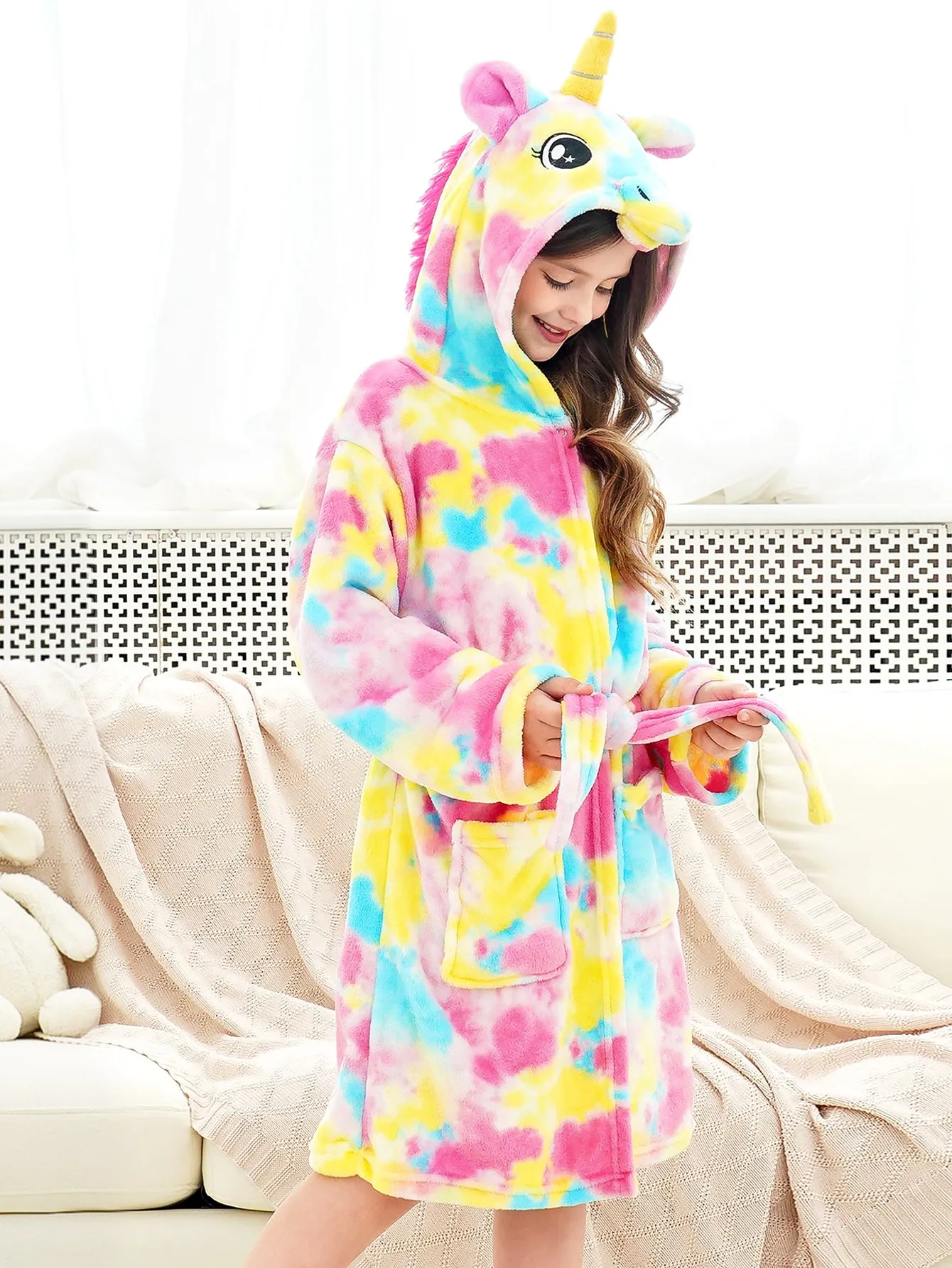 Unicorn Girls Robes Pajamas Pink & Yellow Soft Hooded Bathrobe Sleepwear For Girls - Doctor Unicorn