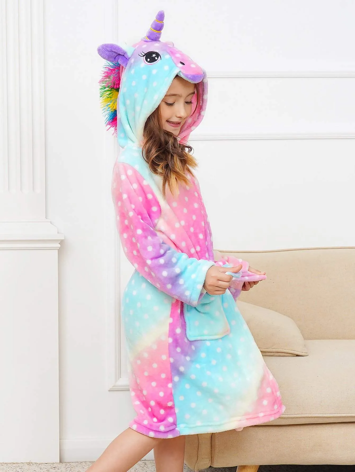 Unicorn Girls Robes Pajamas Pink Blue Rainbow Soft Hooded Bathrobe Sleepwear For Girls- Doctor Unicorn