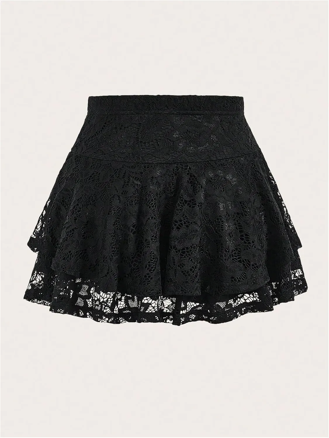 Verdusa Women's Plus Size Floral Lace Mini Skirts High Waist Pleated Ruffled Swing A Line Skirt