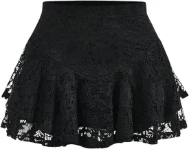 Verdusa Women's Plus Size Floral Lace Mini Skirts High Waist Pleated Ruffled Swing A Line Skirt