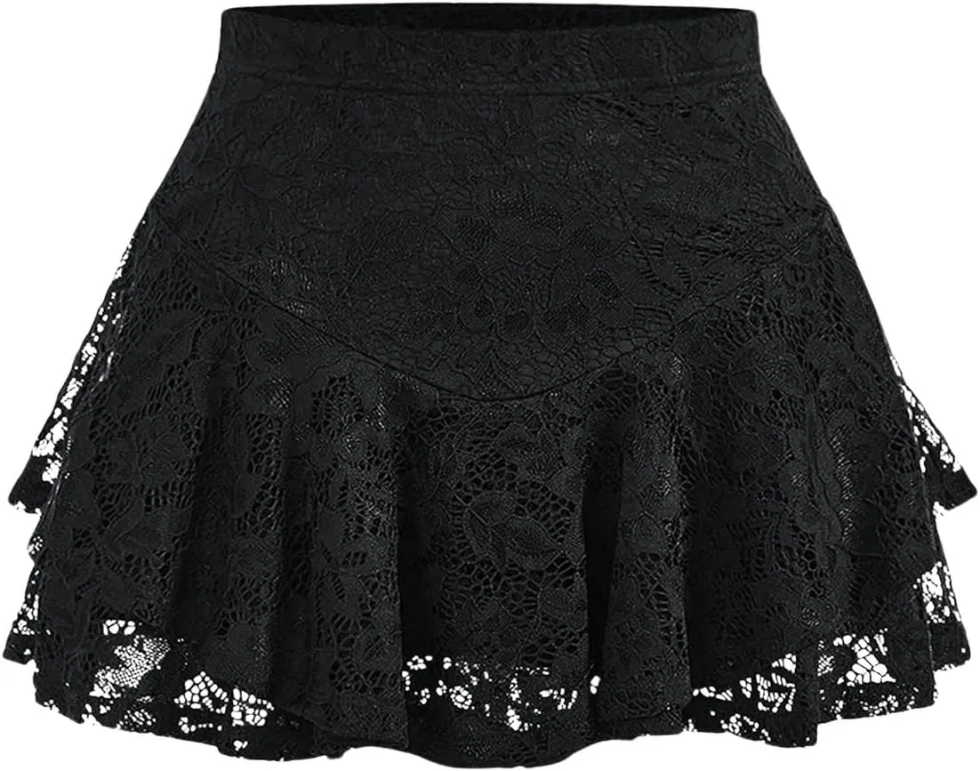 Verdusa Women's Plus Size Floral Lace Mini Skirts High Waist Pleated Ruffled Swing A Line Skirt