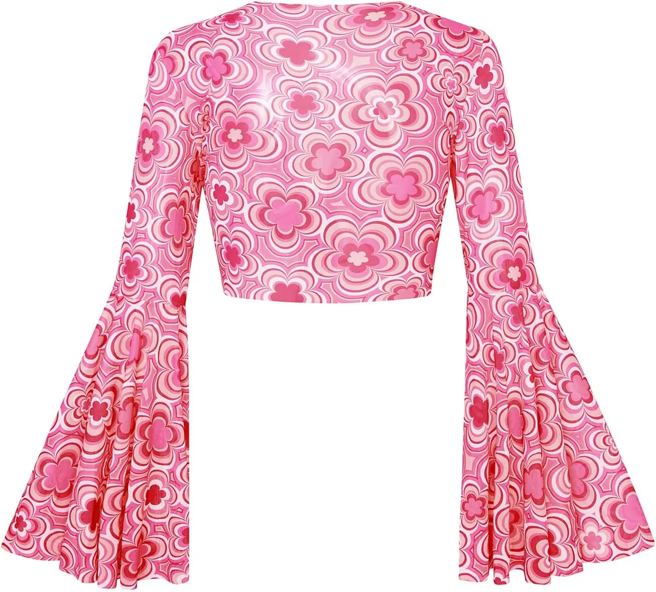 Verdusa Women's Tie Front Bell Long Sleeve Blouse Sheer Mesh Crop Top