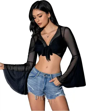 Verdusa Women's Tie Front Bell Long Sleeve Blouse Sheer Mesh Crop Top