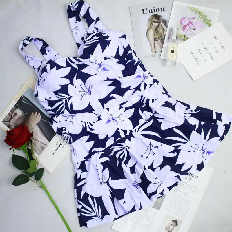 Vintage Print Plus Size Tankini Dress Bathing Suit Swimwear Skirt Bodysuit Monokini Swimsuit