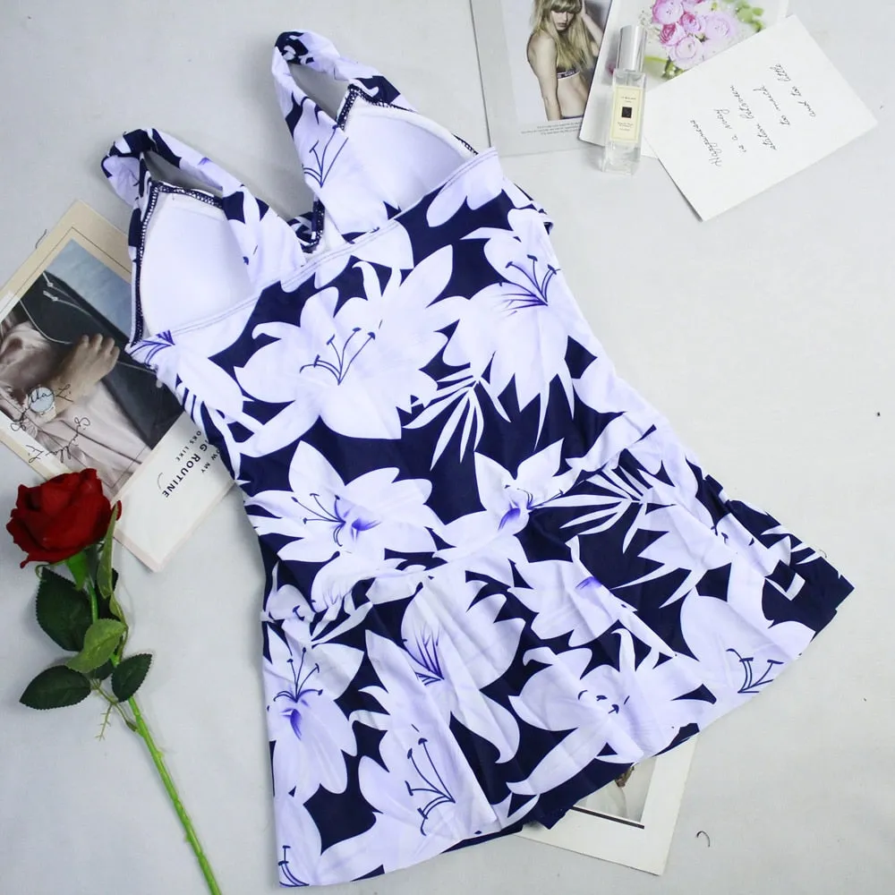 Vintage Print Plus Size Tankini Dress Bathing Suit Swimwear Skirt Bodysuit Monokini Swimsuit