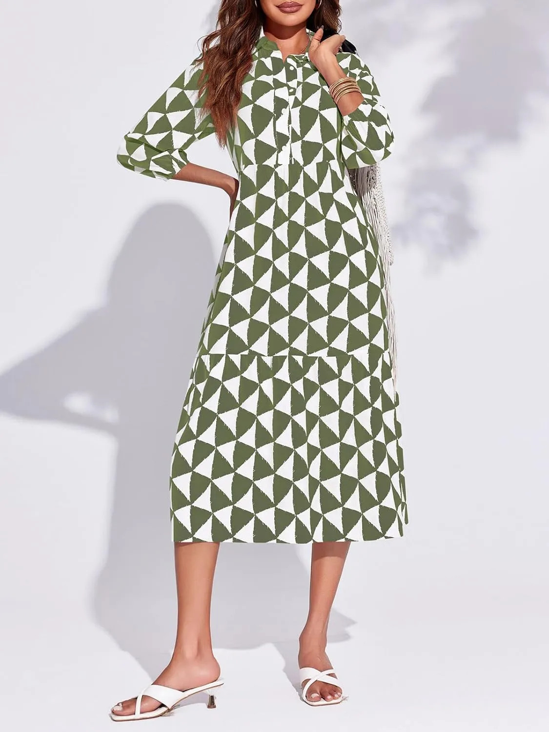 Wenrine Womens Boho Midi Dress Long Sleeve Casual Color Block Beach Button Down Shirt Dress