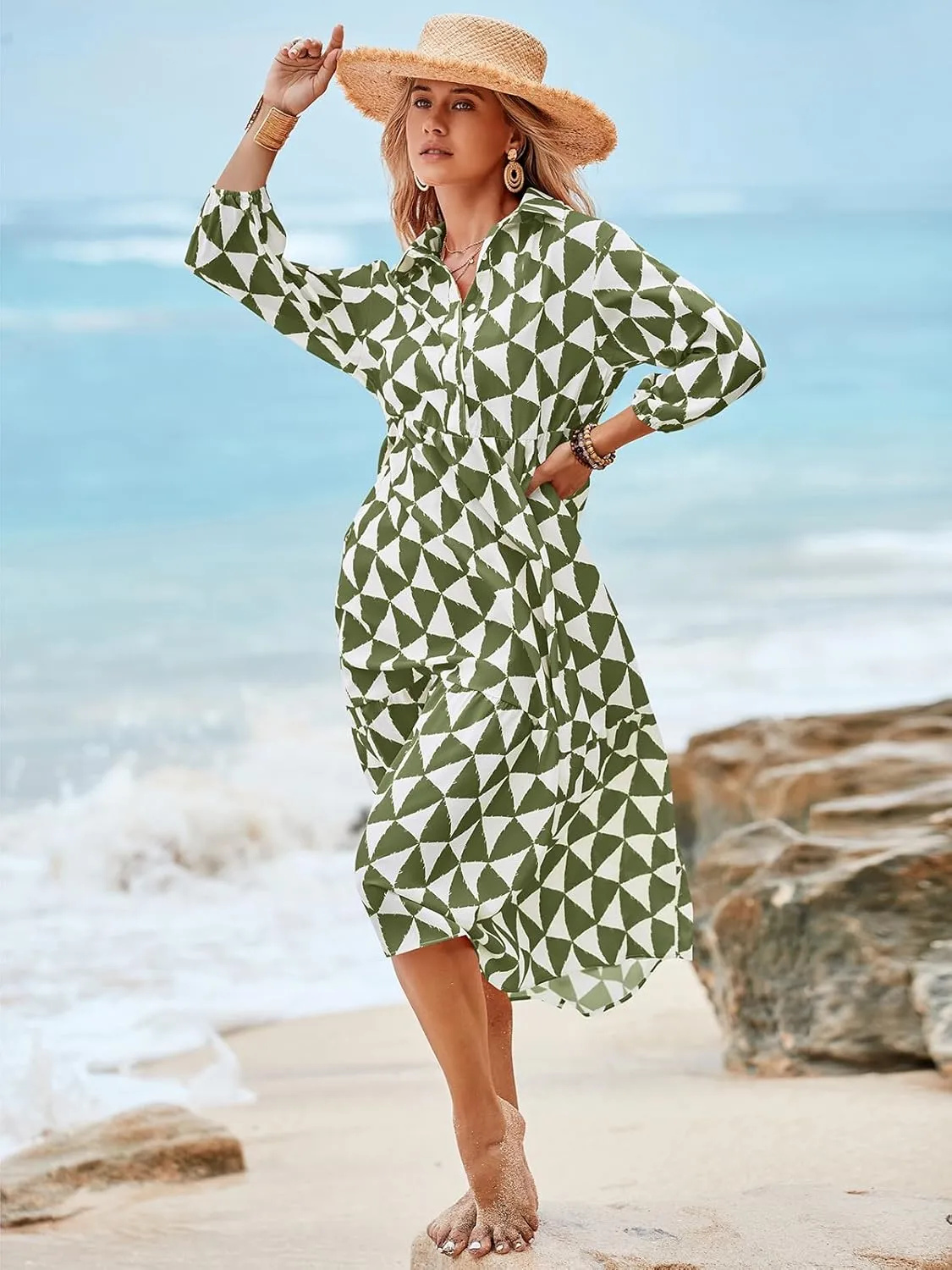Wenrine Womens Boho Midi Dress Long Sleeve Casual Color Block Beach Button Down Shirt Dress