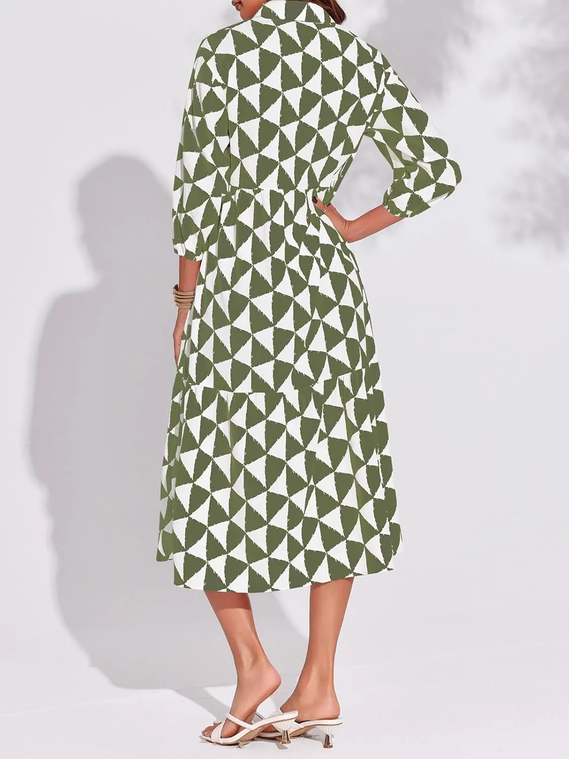 Wenrine Womens Boho Midi Dress Long Sleeve Casual Color Block Beach Button Down Shirt Dress
