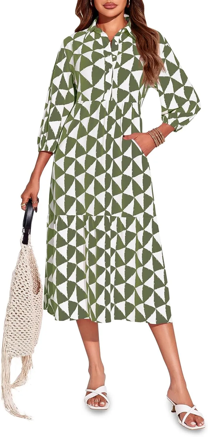 Wenrine Womens Boho Midi Dress Long Sleeve Casual Color Block Beach Button Down Shirt Dress