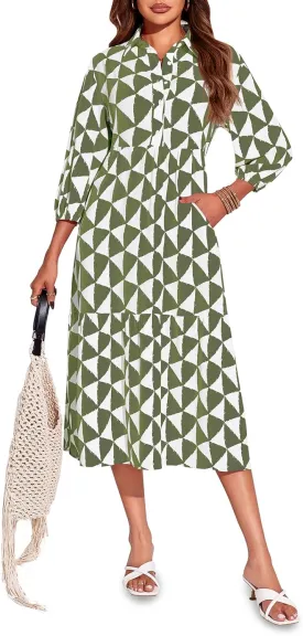 Wenrine Womens Boho Midi Dress Long Sleeve Casual Color Block Beach Button Down Shirt Dress