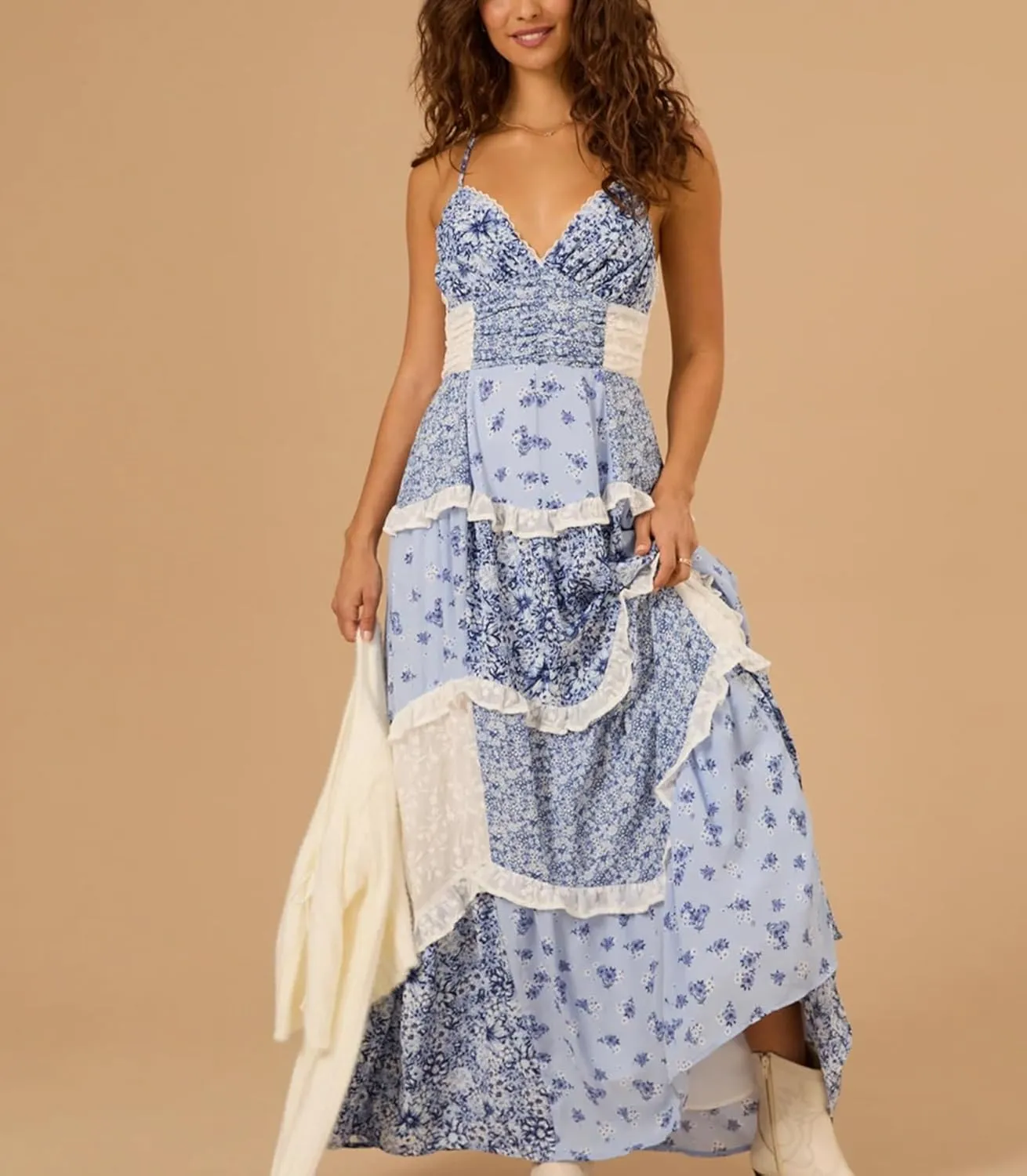 Women Patchwork Tiered Maxi Dress Boho Spaghetti Strap Smocked Cami Dress Floral Ruffle Low Cut V-Neck Layered Beach Dresses