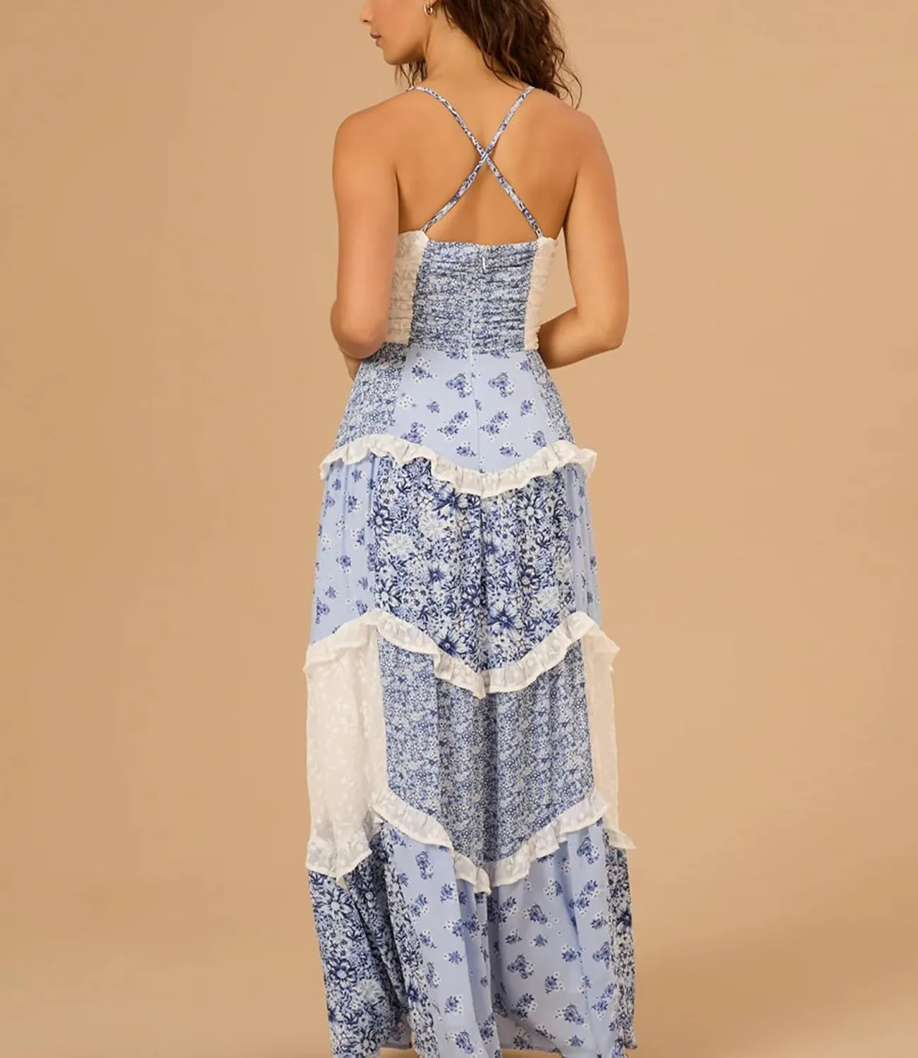 Women Patchwork Tiered Maxi Dress Boho Spaghetti Strap Smocked Cami Dress Floral Ruffle Low Cut V-Neck Layered Beach Dresses