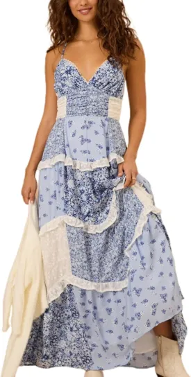 Women Patchwork Tiered Maxi Dress Boho Spaghetti Strap Smocked Cami Dress Floral Ruffle Low Cut V-Neck Layered Beach Dresses
