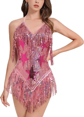 Women Sequin Fringe Romper Sparkly Glitter Bodysuit Halter V-Neck Backless Shorts Dress Disco Birthday Dance Outfit