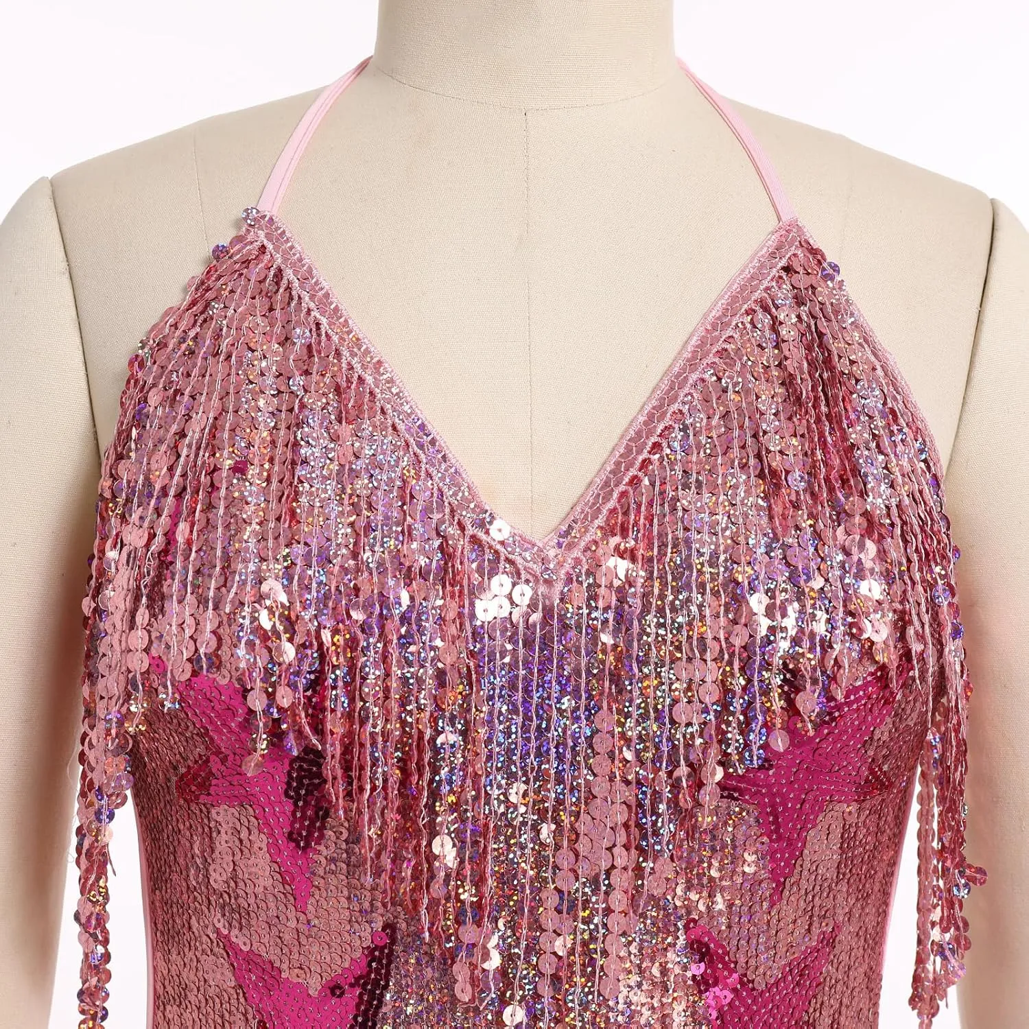 Women Sequin Fringe Romper Sparkly Glitter Bodysuit Halter V-Neck Backless Shorts Dress Disco Birthday Dance Outfit