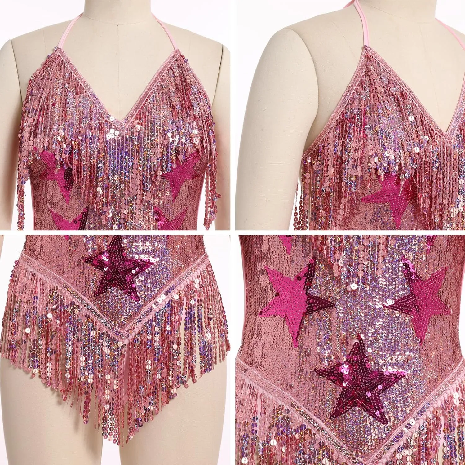 Women Sequin Fringe Romper Sparkly Glitter Bodysuit Halter V-Neck Backless Shorts Dress Disco Birthday Dance Outfit