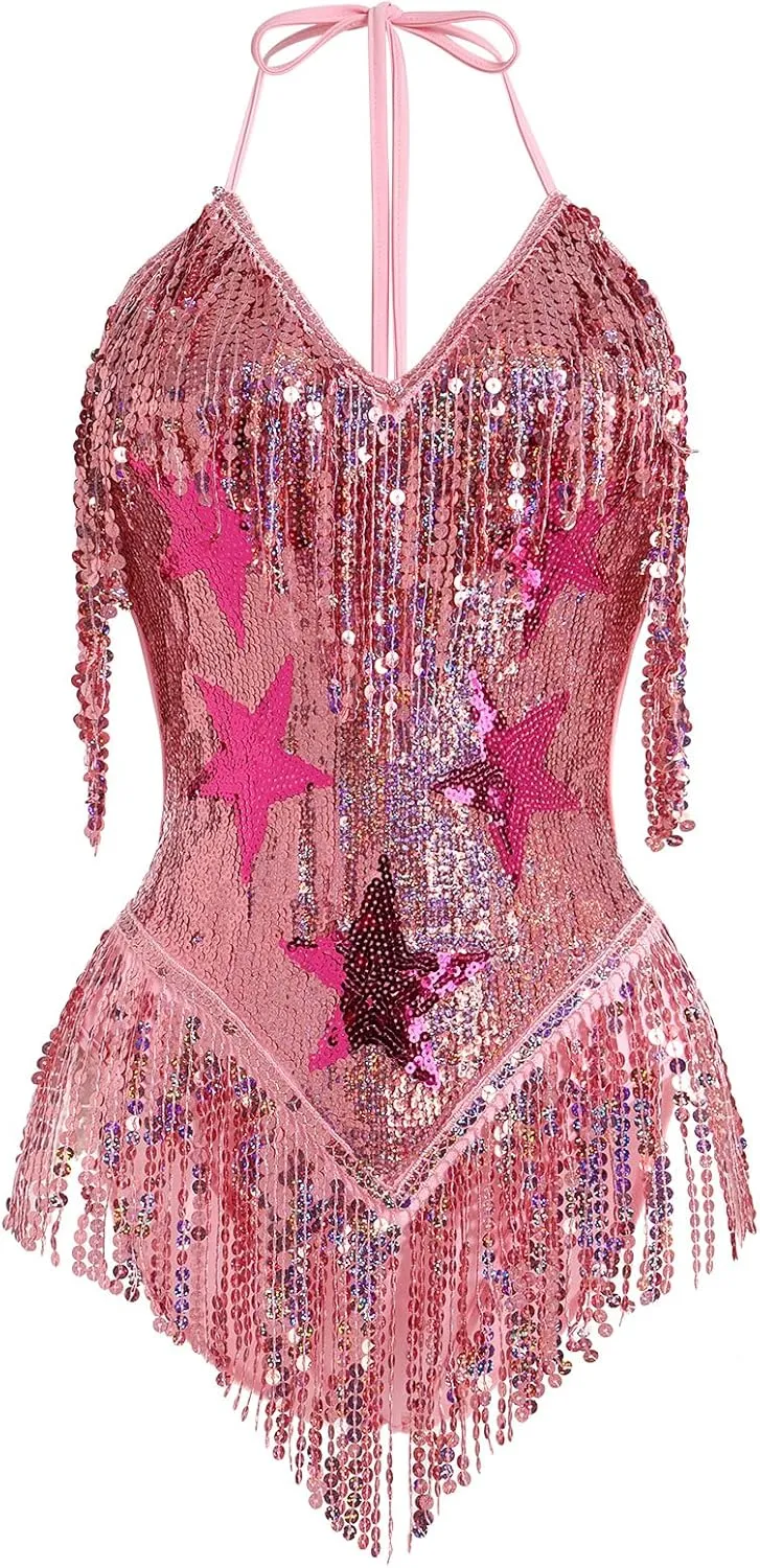 Women Sequin Fringe Romper Sparkly Glitter Bodysuit Halter V-Neck Backless Shorts Dress Disco Birthday Dance Outfit