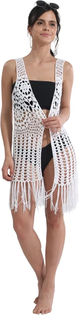 Women Sleeveless Crochet Fringe Vest 70s Hippie Costume Beach Cover Up Summer Bathing Beachwear Swimwear Swimsuit White