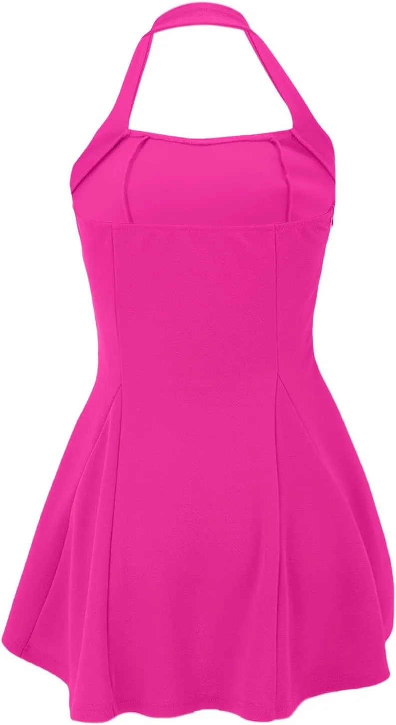 Women's 2025 Summer Dress Sleeveless Halter Neck Sundress Backless A Line Flared Flowy Club Party Mini Beach Dress