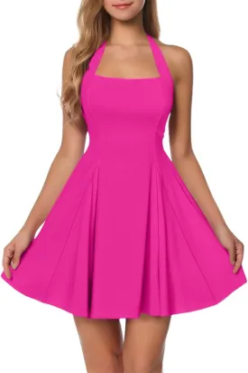Women's 2025 Summer Dress Sleeveless Halter Neck Sundress Backless A Line Flared Flowy Club Party Mini Beach Dress