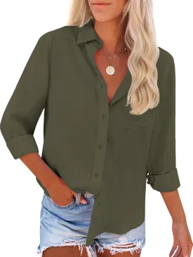 Womens Button Down Shirts Long Sleeve Dress Linen Shirts Casual Collared Cotton Button Up Blouses Oversized Tops with Pockets