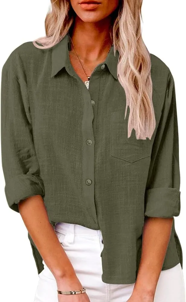 Womens Button Down Shirts Long Sleeve Dress Linen Shirts Casual Collared Cotton Button Up Blouses Oversized Tops with Pockets