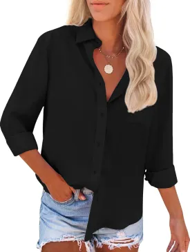 Womens Button Down Shirts Long Sleeve Dress Linen Shirts Casual Collared Cotton Button Up Blouses Oversized Tops with Pockets