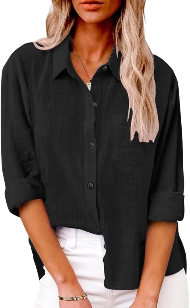Womens Button Down Shirts Long Sleeve Dress Linen Shirts Casual Collared Cotton Button Up Blouses Oversized Tops with Pockets