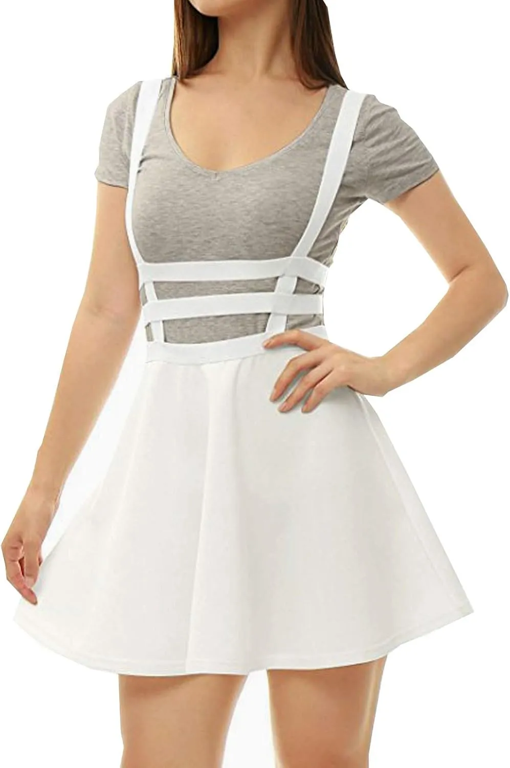 Women's Elastic Waist Pleated Short Braces Skirt Mini Suspender Skirt