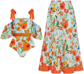 Women's One Piece Swimsuit with Cover Up Skirt Bikini Sarong Set Floral Print Bathing Suit with Wrap Skirt