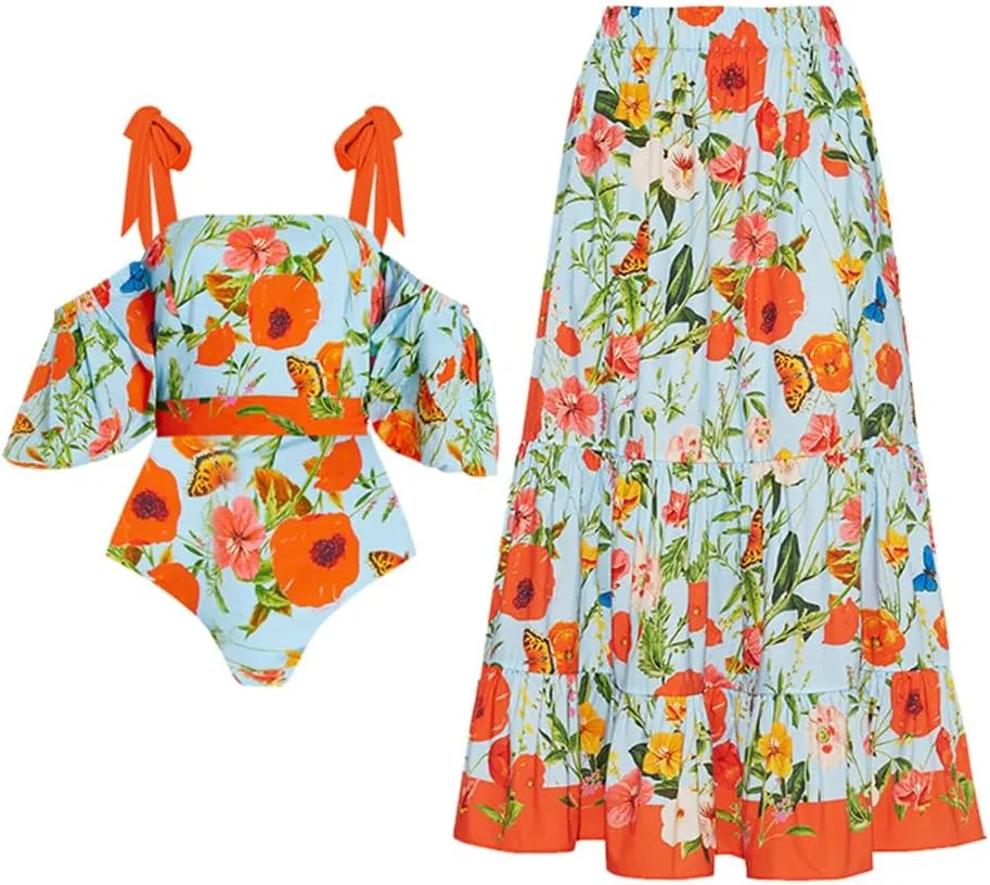 Women's One Piece Swimsuit with Cover Up Skirt Bikini Sarong Set Floral Print Bathing Suit with Wrap Skirt