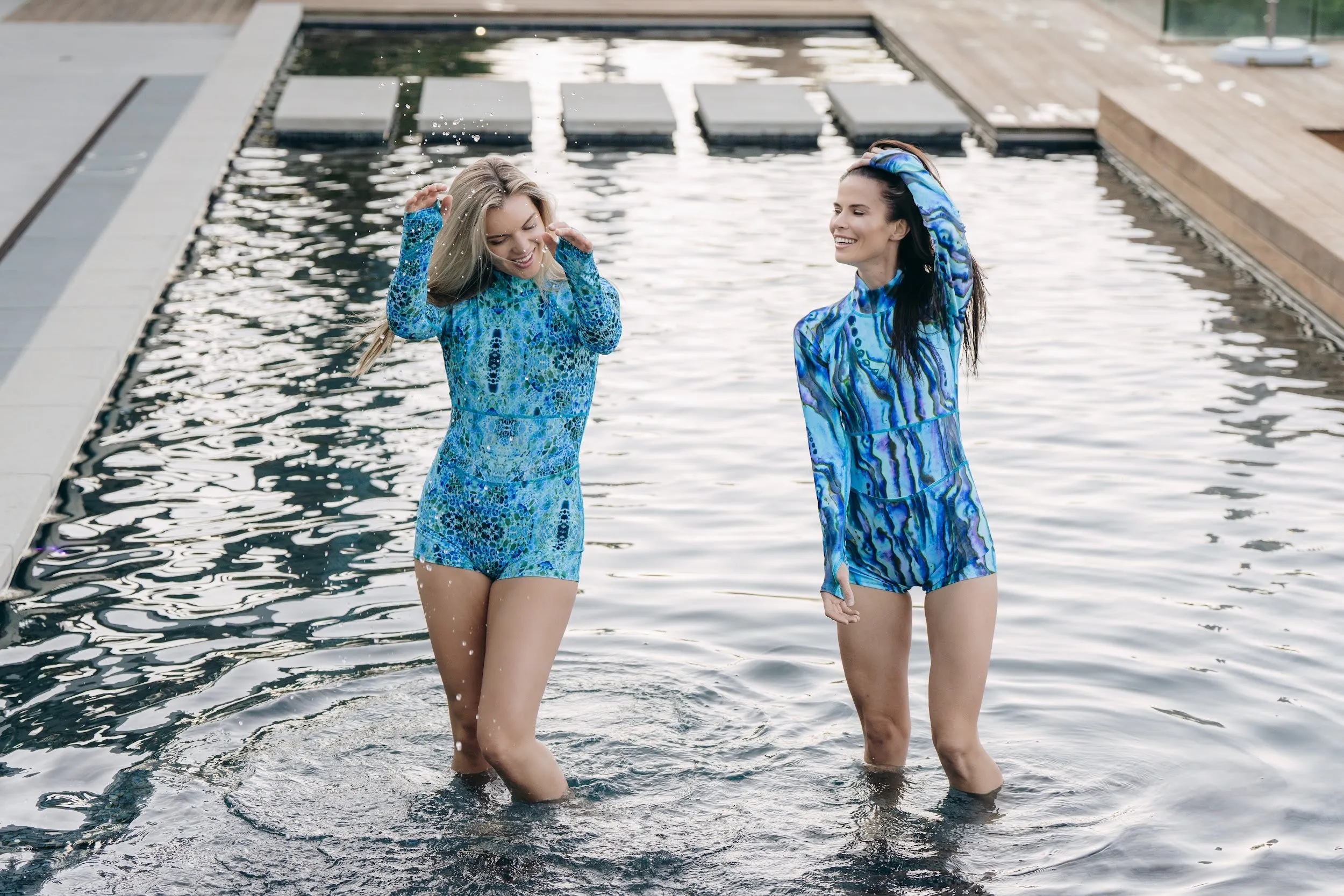 WOMEN'S UPF 50  SUN PROTECTIVE LONG SLEEVE "SHORTY" SWIMSUIT - BLUE ABALONE