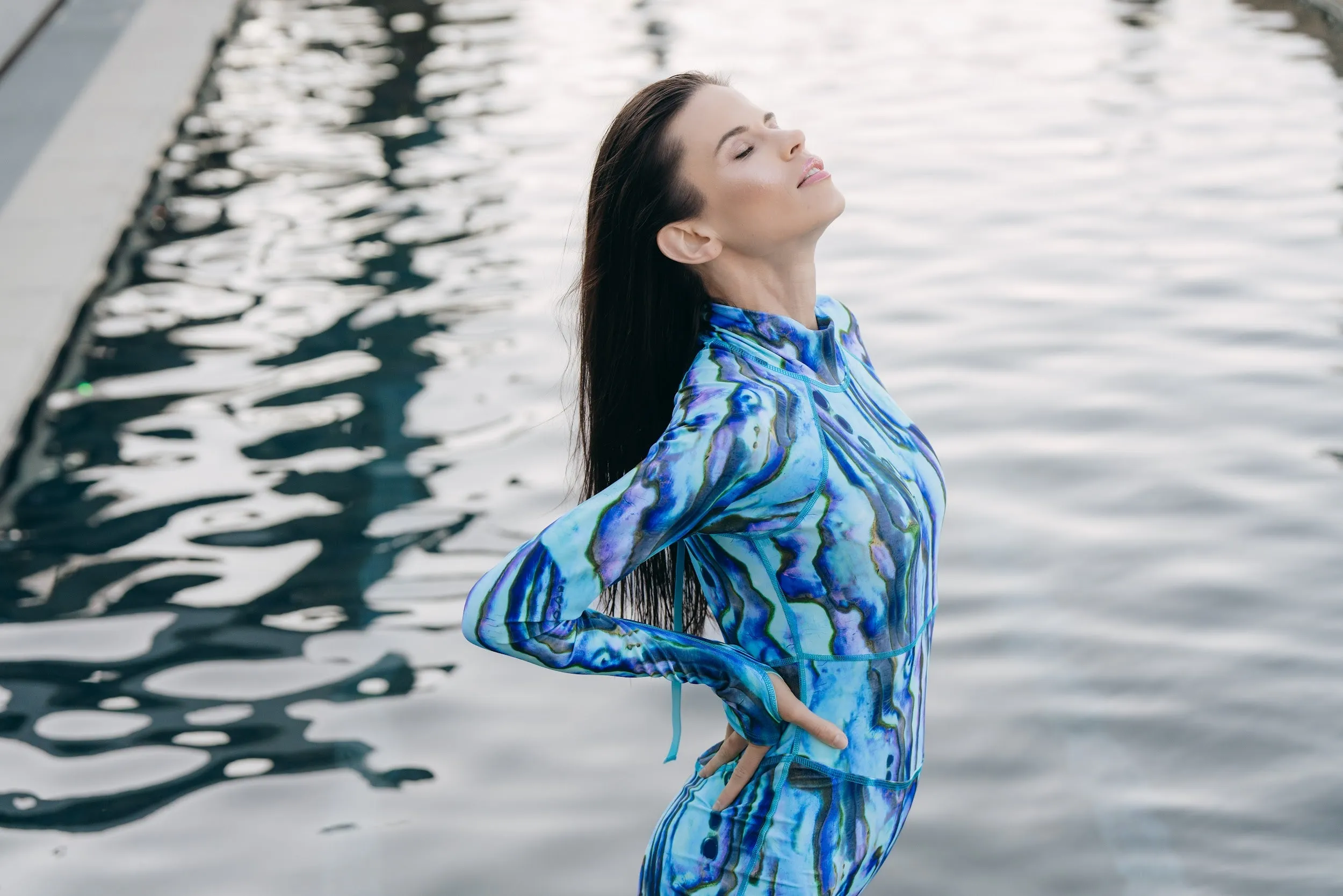 WOMEN'S UPF 50  SUN PROTECTIVE LONG SLEEVE "SHORTY" SWIMSUIT - BLUE ABALONE