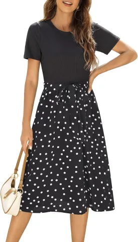 Zattcas Women 2025 Summer Dress Short Sleeve Ribbed Teacher Church Modest Business Casual Work Outfits Midi Dress