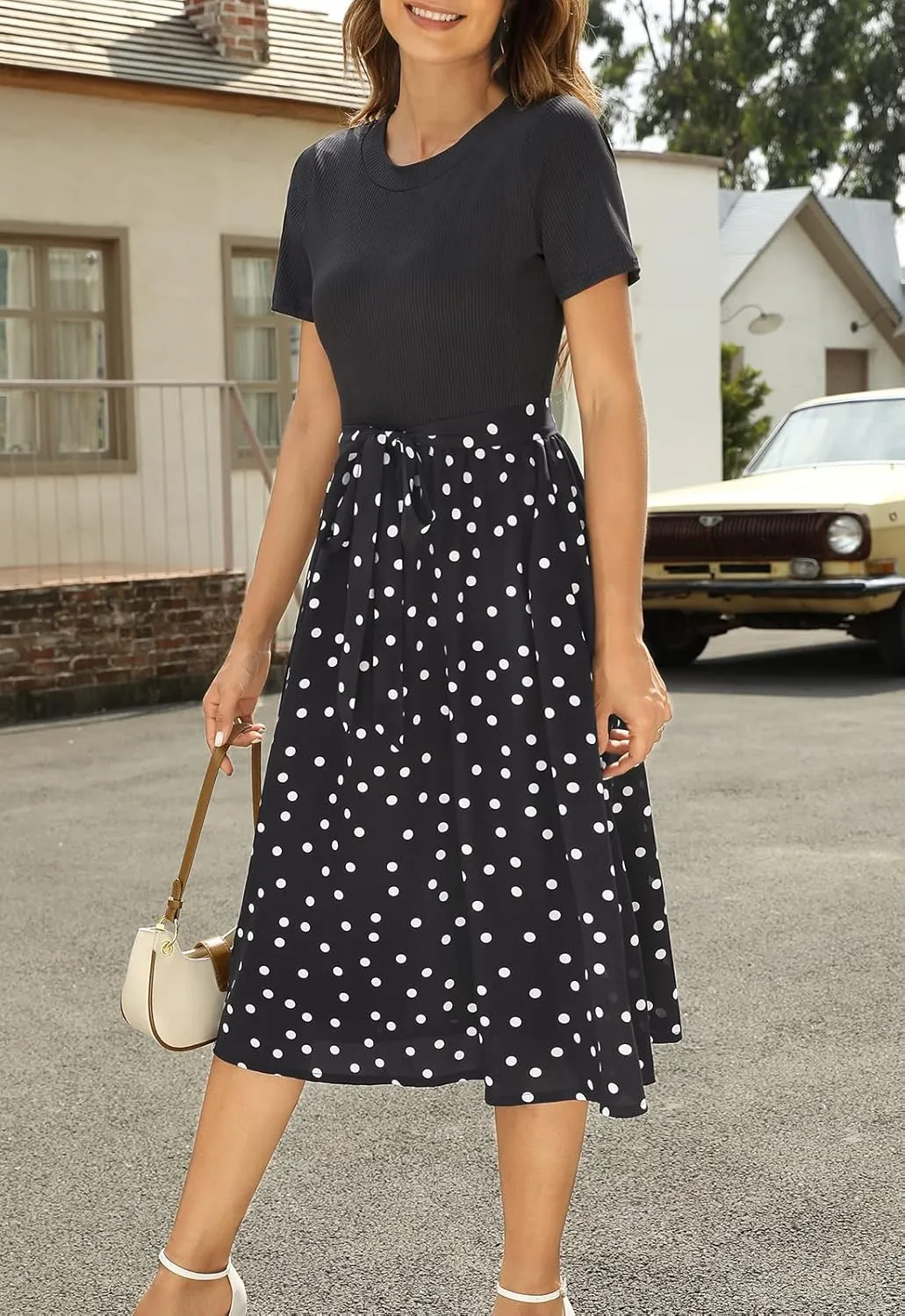 Zattcas Women 2025 Summer Dress Short Sleeve Ribbed Teacher Church Modest Business Casual Work Outfits Midi Dress