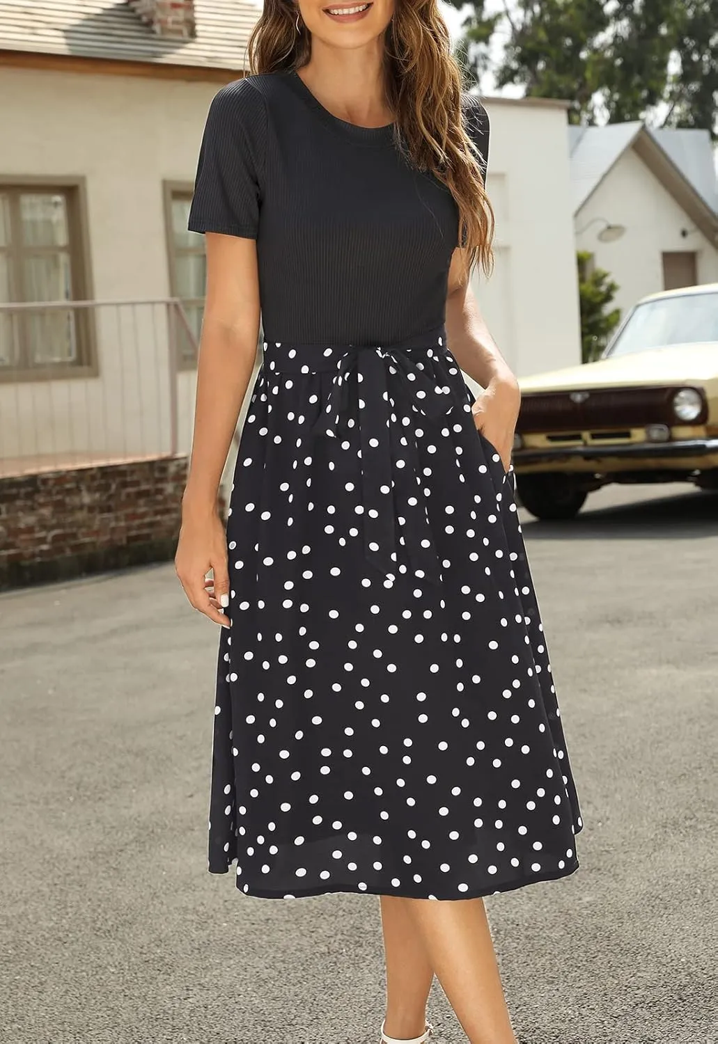 Zattcas Women 2025 Summer Dress Short Sleeve Ribbed Teacher Church Modest Business Casual Work Outfits Midi Dress