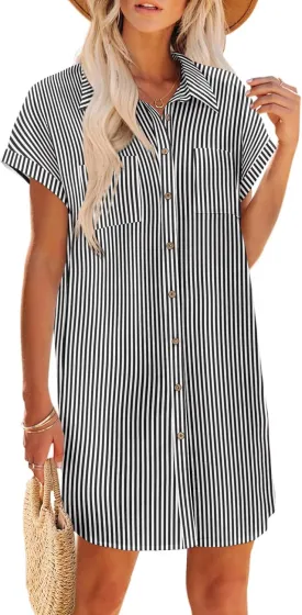 Zeagoo Women's Summer Dress 2025 Cotton Button Down Short Sleeve Tshirt Dresses Casual Flowy V Neck Loose Mini Beach Dress