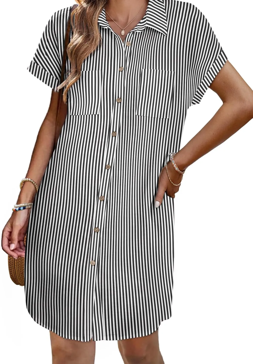 Zeagoo Women's Summer Dress 2025 Cotton Button Down Short Sleeve Tshirt Dresses Casual Flowy V Neck Loose Mini Beach Dress