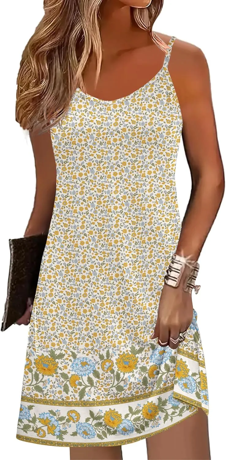Zeagoo Womens Summer Dress 2025 Loose Sleeveless Tshirt Dress V Neck Mini Dress Beach Sundress with Pockets